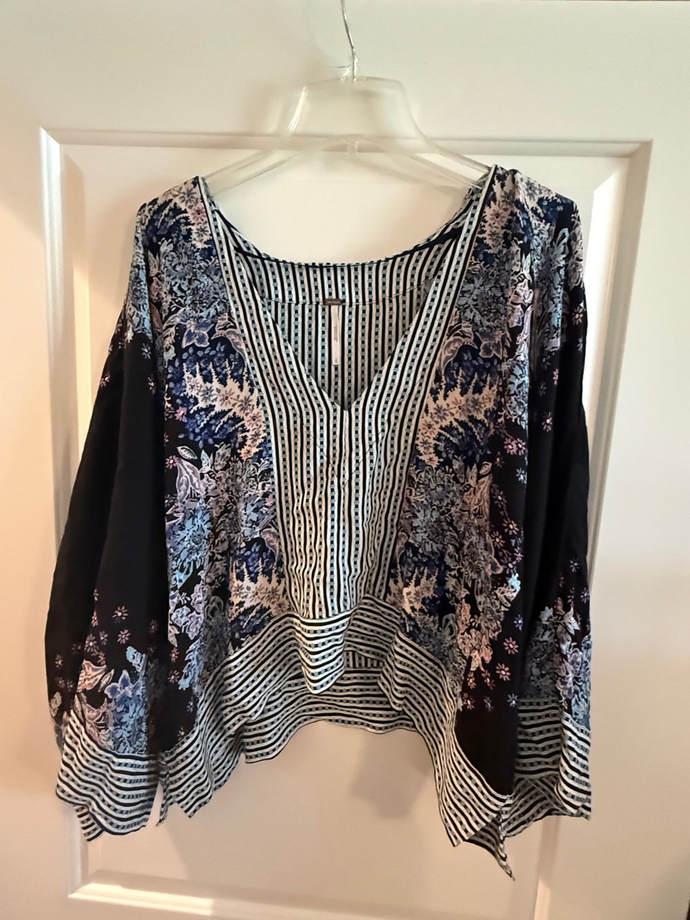 Free People Black Floral & Blue Stripe V-Neck Blouse